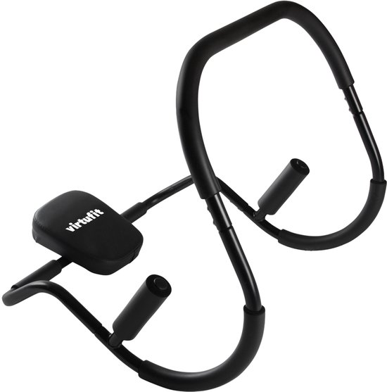 Zwarte VirtuFit buikspiertrainer met handgrepen en logo op hoofdsteun.