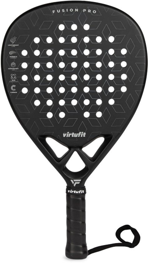 Zwarte druppelvormige padelracket met 'Fusion Pro' en 'virtufit' logo's.