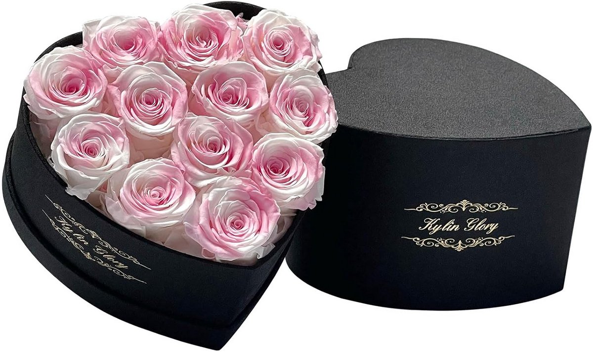 12 Roze en Witte Eeuwige Rozen in Hartvormig Boeket - Duurzaam Cadeau voor Moederdag, Valentijn of Jubileum