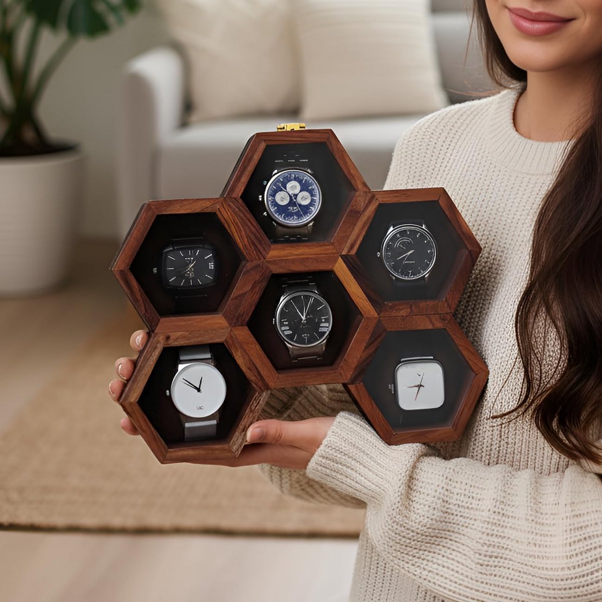 Luxe Houten Horlogedoos met Glasdeksel - Opbergkoffer voor 6 Horloges