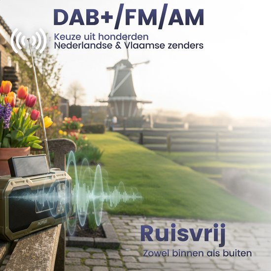 Noodradio Solar Opwindbaar - DAB+ / AM / FM Nood Radio - 5000 mAh Powerbank Zonneenergie - Bouwradio - Badkamer Radio - Noodpakket