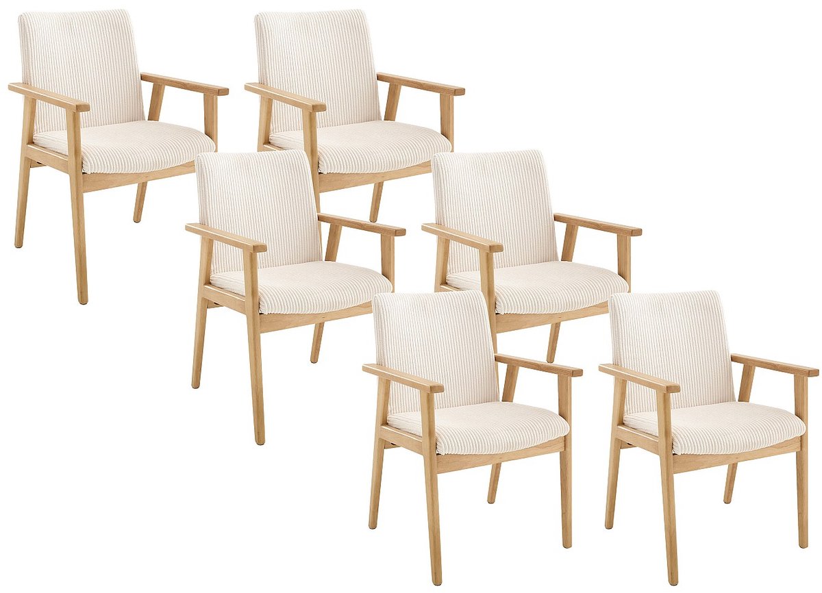 Vente-unique Set van 6 stoelen met armleuningen van ribfluweel en rubberhout - Crème - FILDON