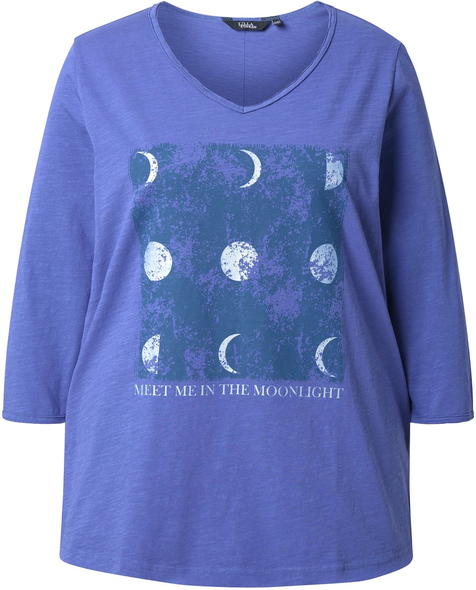 Ulla Popken - Dames - Shirt metallic-motief A-lijn V-hals 3/4-mouwen - Atlantisch blauw - Maat 46+