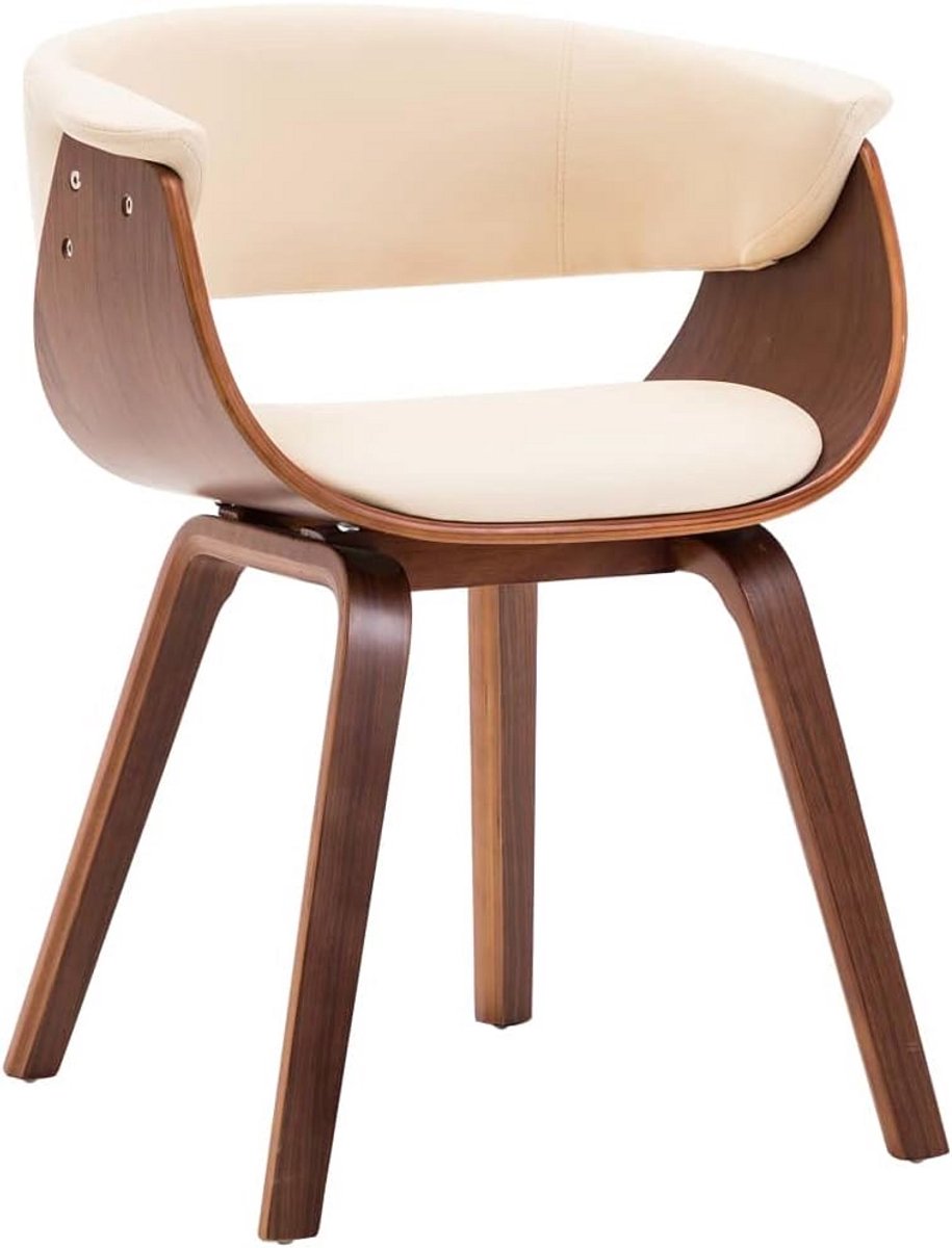 Eetkamerstoel met gebogen houten frame en crèmekleurige bekleding