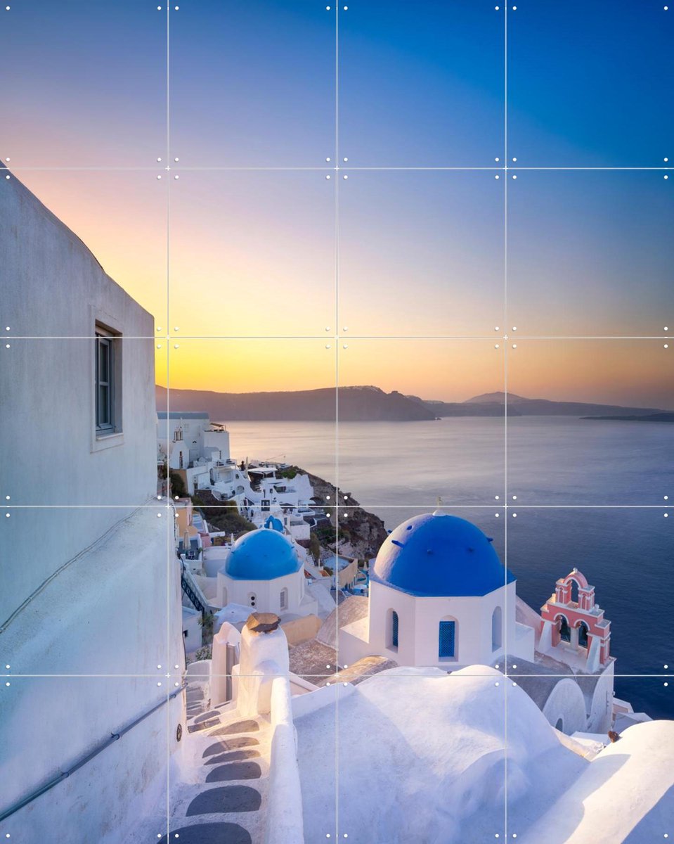 IXXI Sunrise over the blue rooftops in Oia, Santorini, Greece, Jan Becke - 80 x 100 cm - Gratis ophangtool - Grote wanddecoratie en posters -