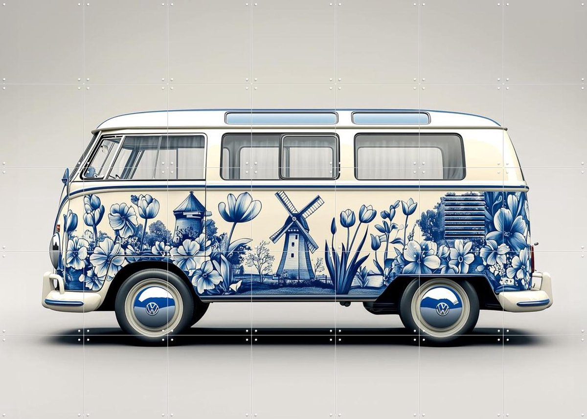 IXXI Delfts Blauwe VW Bus 3, Margriet Hulsker - 140 x 100 cm - Gratis ophangtool - Grote wanddecoratie en posters - Vintage, Illustraties
