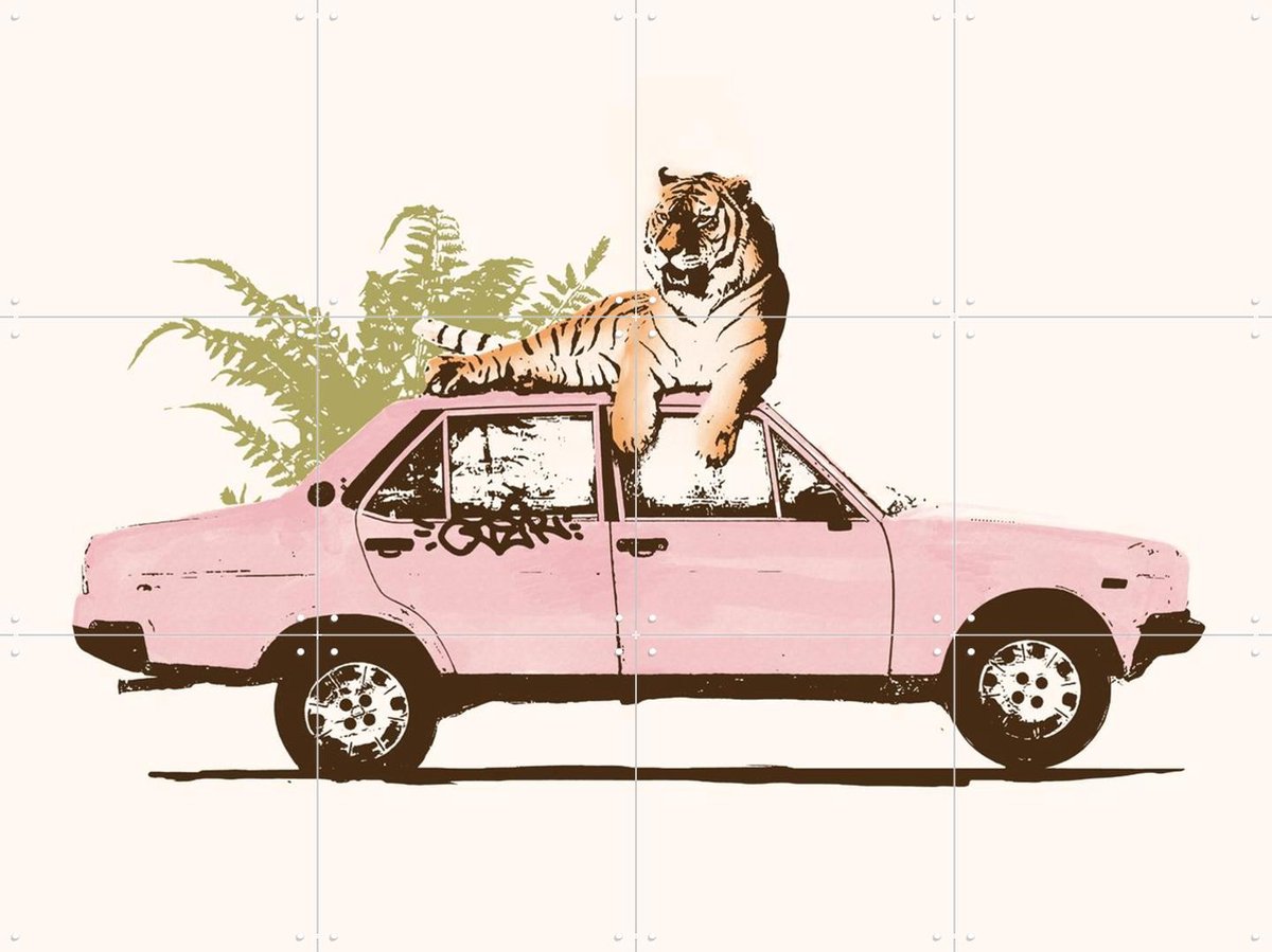 IXXI Tiger on Car, Florent Bodart - 80 x 60 cm - Gratis ophangtool - Grote wanddecoratie en posters - Vintage, Kleurrijk, Speels, Illustraties, Pop
