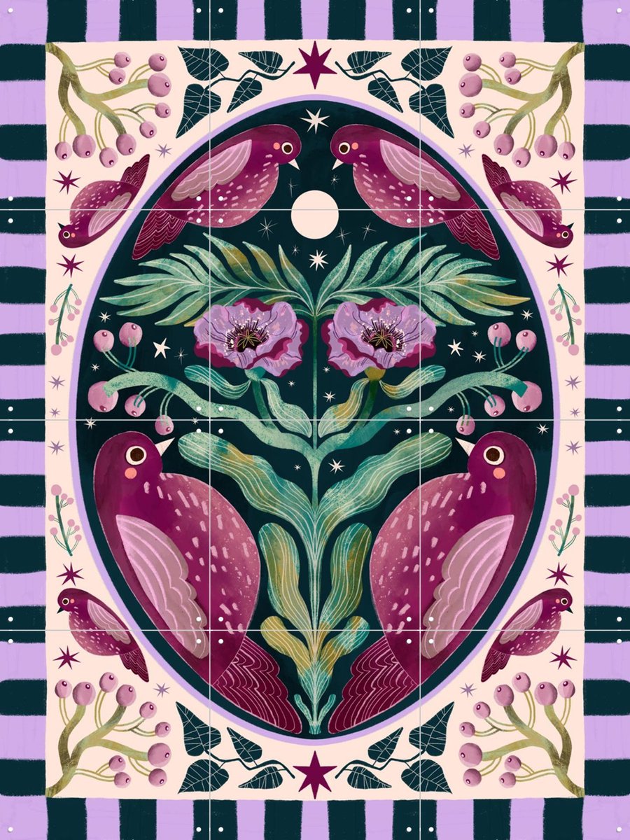 IXXI Folk Art Birds, Lena Addink - 60 x 80 cm - Gratis ophangtool - Grote wanddecoratie en posters - Illustraties, Speels, Kleurrijk, Grafisch