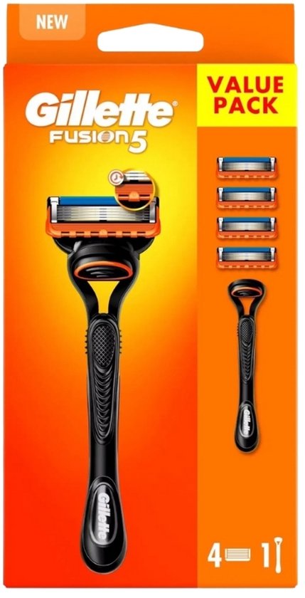 Gillette Fusion5 scheermes met 4 extra mesjes in verpakking. Oranje en zwarte kleuren.