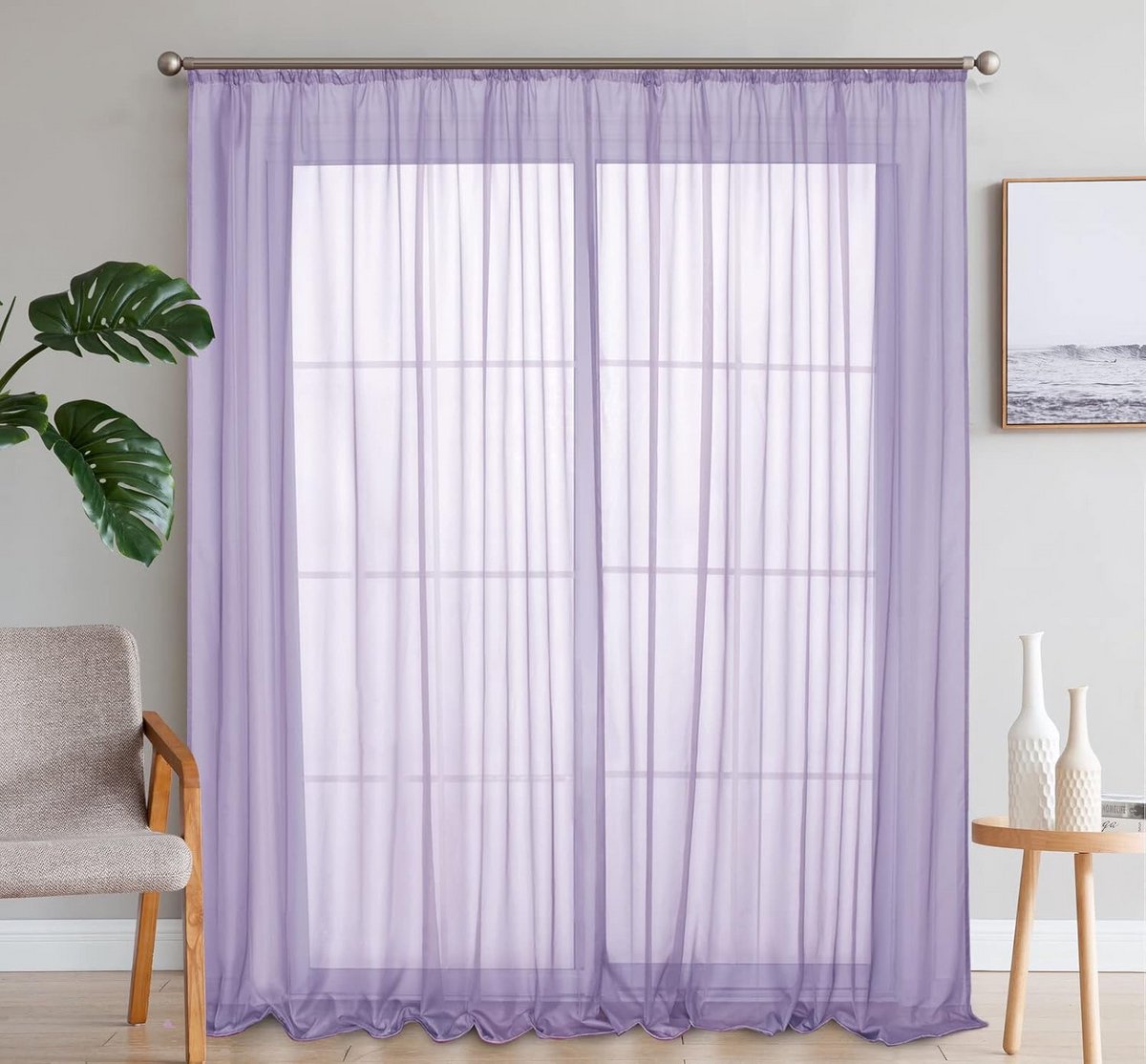 Set van 2 Transparante Vitrage Gordijnen met Haken - Klassiek Effen Kleur Voile Voor Slaap
