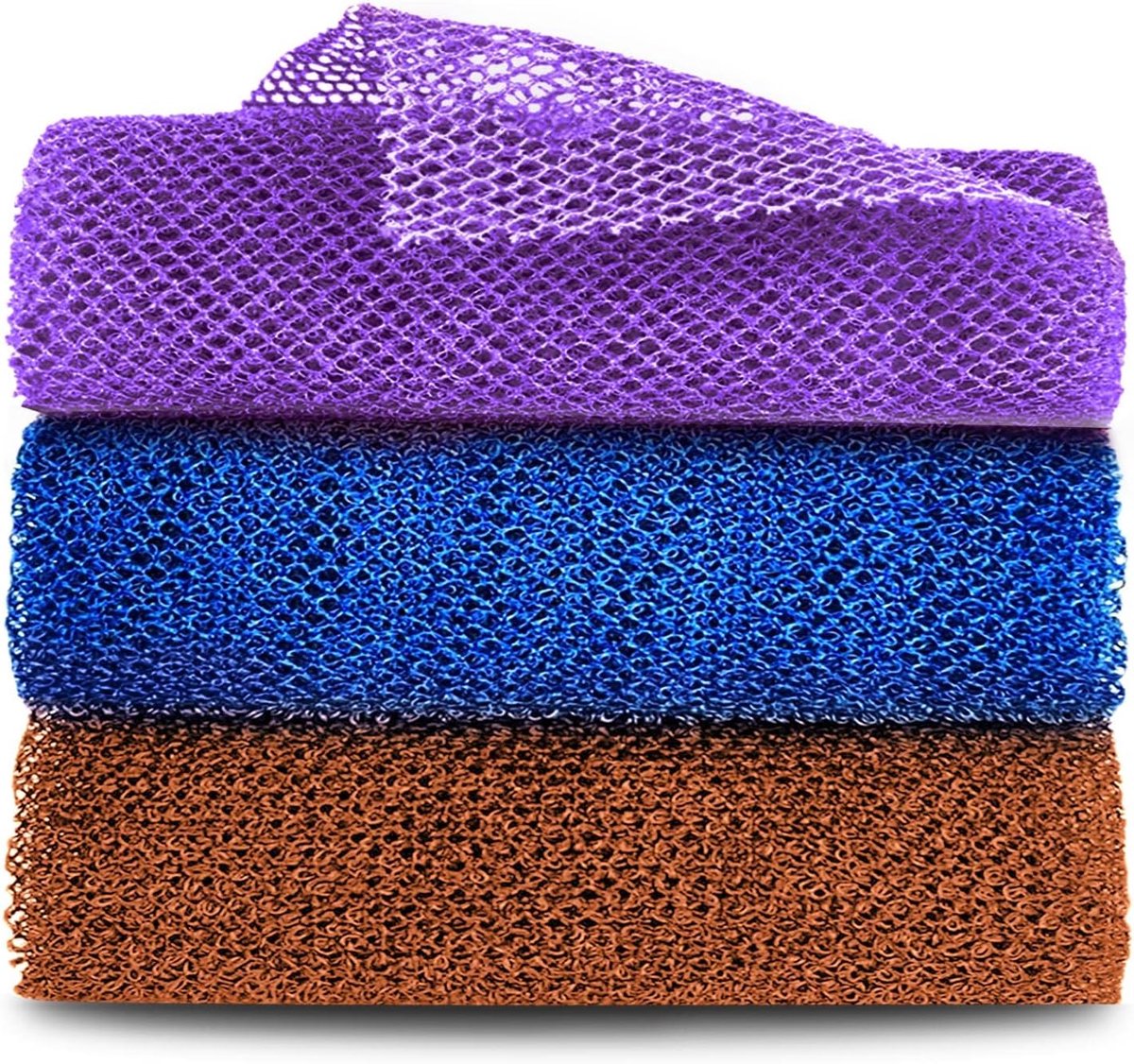 Pack of 3 Afrikaanse Mesh Bad Spons - Foam Scrub Spons - Neutraal (Paars, Blauw, Koffie)