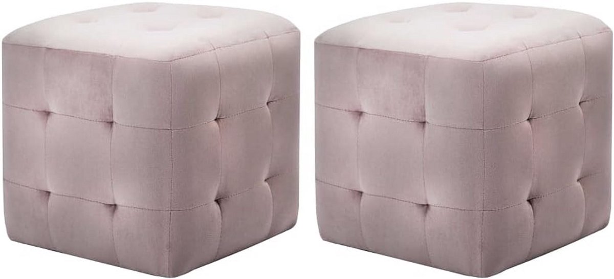 Set van 2 Fluweelkleurige Poefs - Zitkruk & Voetenbankje - 30x30x30 cm