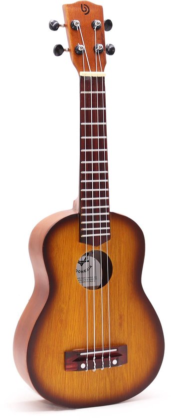 Bruine ukelele met oranje sunburst afwerking en houten kop.