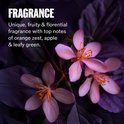 Paarse bloemen met de tekst 'FRAGRANCE' en beschrijving van de fruitige, florale geur.