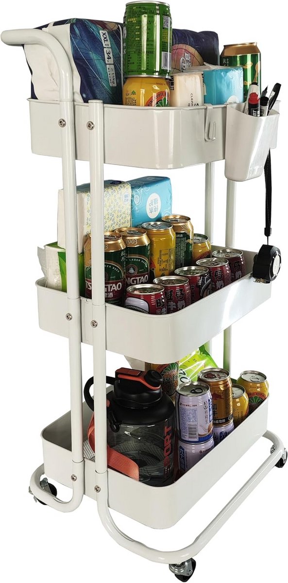 Mobiele Opbergkar met Wielen voor Kantoor en Keuken - Wit
