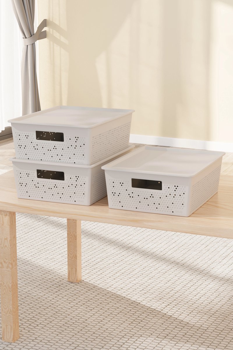 Tobeyz Opbergdozen 12L – Kunststof Opbergbox | Set van 3 | Optimale Ventilatie | Modulair Stapelbaar Systeem | Geïntegreerde Handgrepen | BPA-vrij Gerecycled Plastic | 30×40×14 cm | Wit
