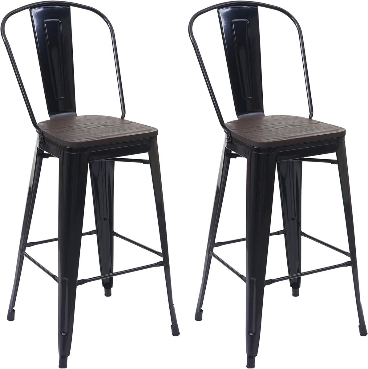 2x Barkrukken met Houten Zitting en Leuning, Industriële Barstoelen Zwart