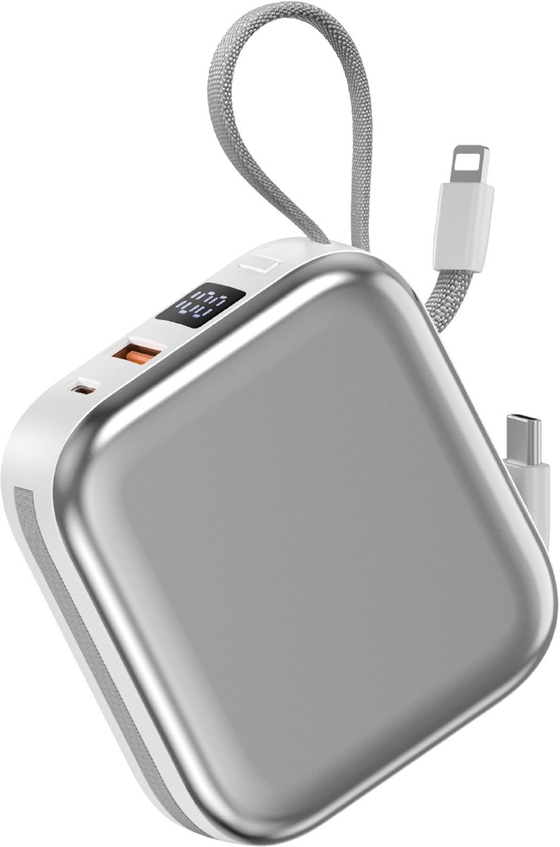 WiWU Powerbank 10000mAh - Type-C en Lightning kabel - Draadloos opladen - Digital display - Wit