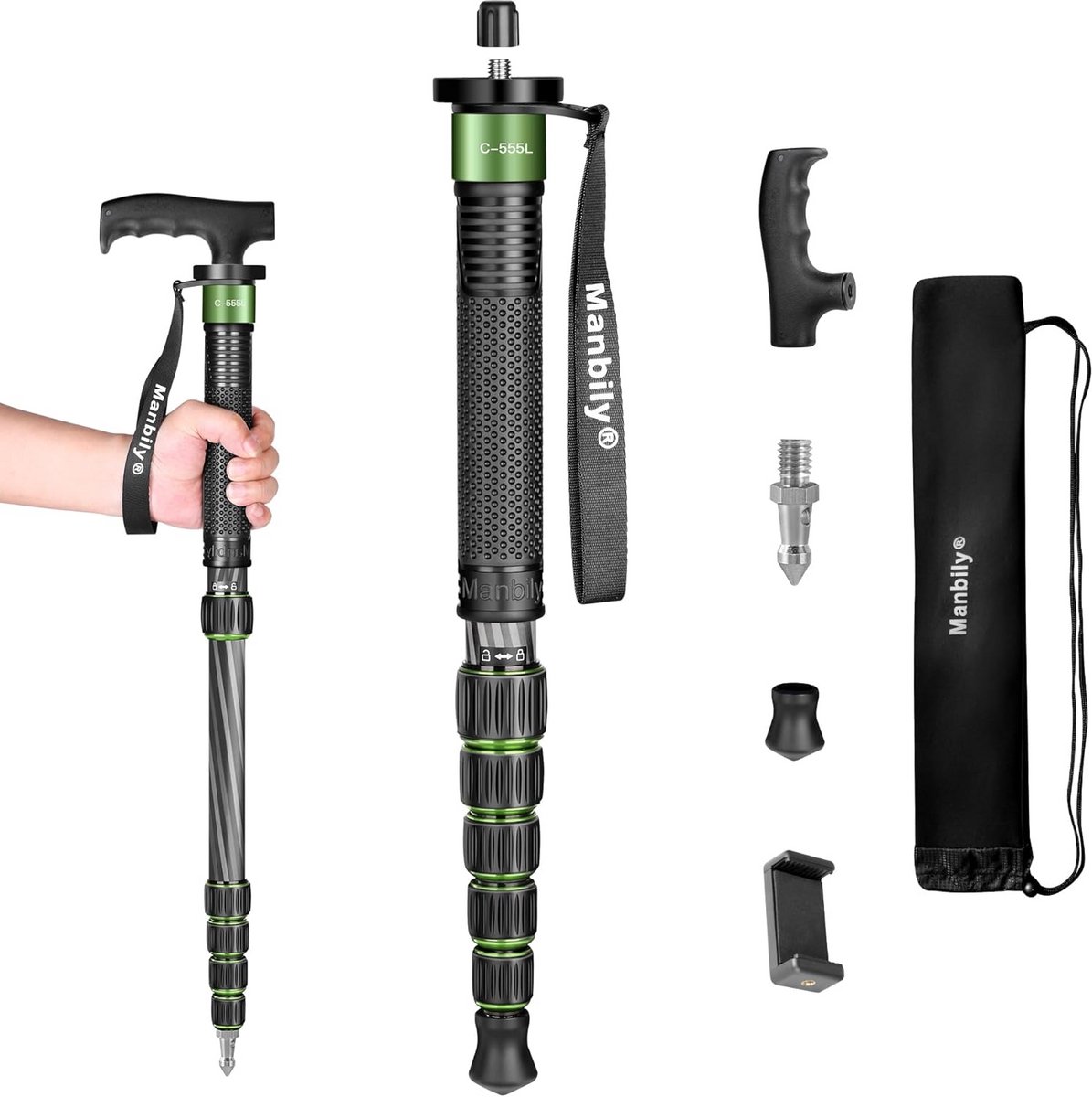 Lichtgewicht Carbon Fiber Cameral Monopod Verstelbaar tot 155 cm met Wandelstok Functie