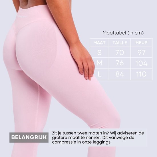 Roze sportlegging met V-band. Maattabel in cm: S (70/97), M (76/104), L (84/110). Advies: bij twijfel grotere maat.