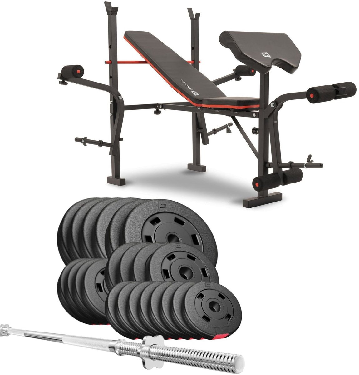 Hop-Sport HS-1055 Professional – Halterbank set – Inklapbaar en verstelbaar – 69 kg kunststof halterset – Lange halterstang 167 cm