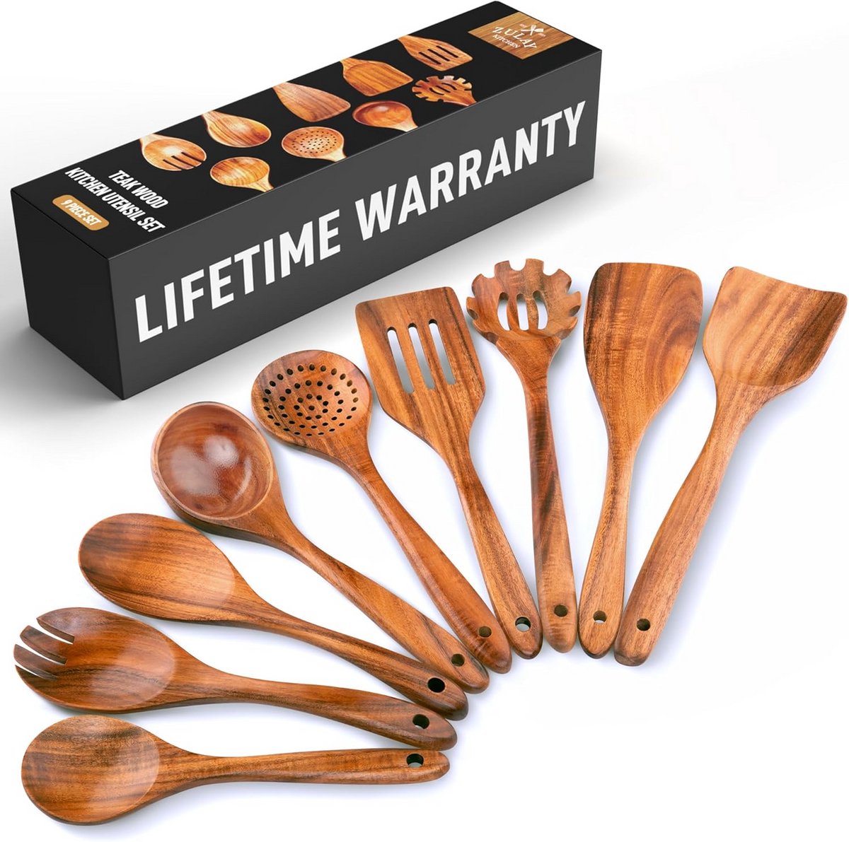 9-Delige Teakhouten Keukengerei Set - Houten Kooklepels voor Anti-Aanbakpannen