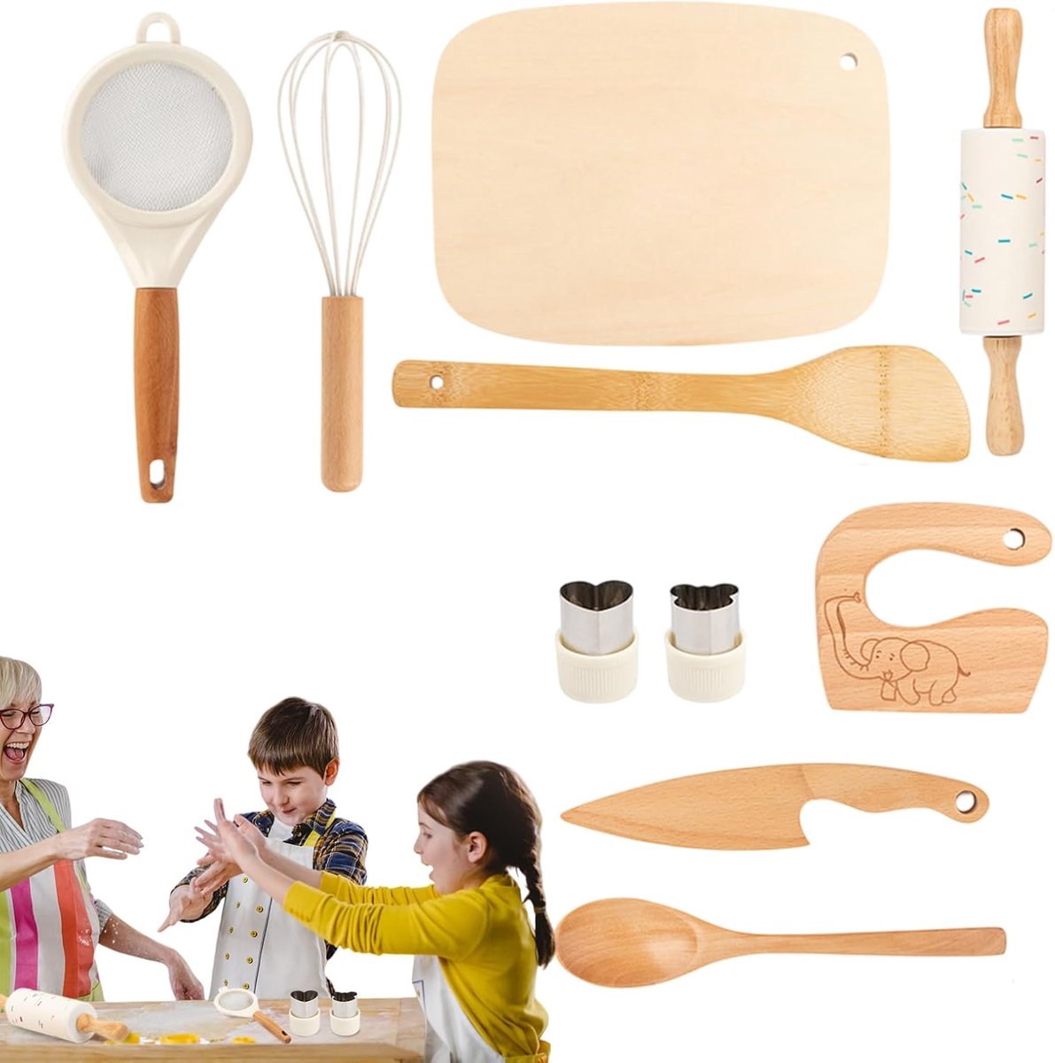 Kookset voor kinderen - 10-delige houten keukenspeelset voor peuters, Montessori-keukengerei voor jonge kinderen, hands-on leerspeelgoed, educatieve keukenspeelset