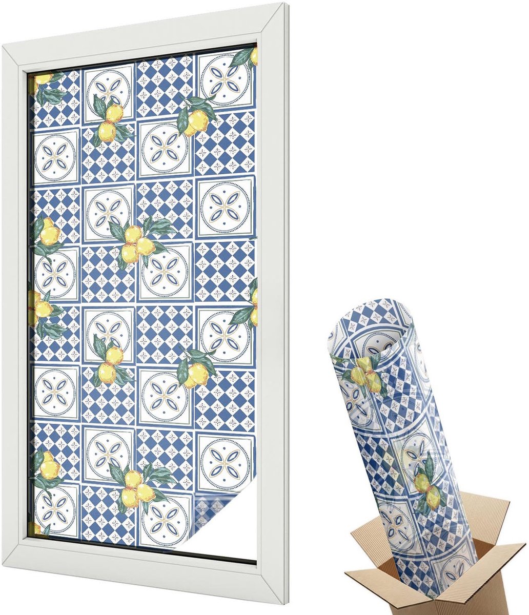 Wallfluent Glas in Lood Raamfolie - Citroenpatroon Glas in Lood Folie - 50x100 cm - Blauw Plakfolie Raam Glas in Lood - Decoratieve Plakfolie Glas in Lood - Voor de woonkamer, voor het kantoor, voor de hal - Glas in Lood Folie voor Raam