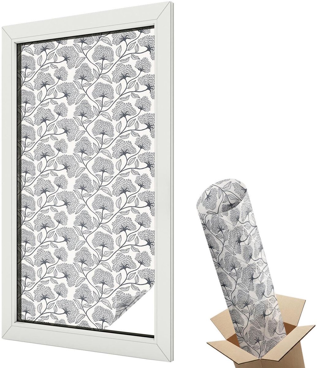 Wallfluent Glas in Lood Raamfolie - Botanisch motief Raamfolie Glas in Lood - 50x100 cm - Grijs Zelfklevende Raamfolie Glas in Lood - Melkglas Folie met Glas in Lood Effect - Voor de woonkamer, voor het kantoor, voor de hal