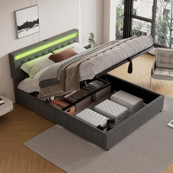 REDOM Opbergbed 160x200 cm – Linnen & MDF – Hydraulisch – LED & USB – Grijs – 220 kg