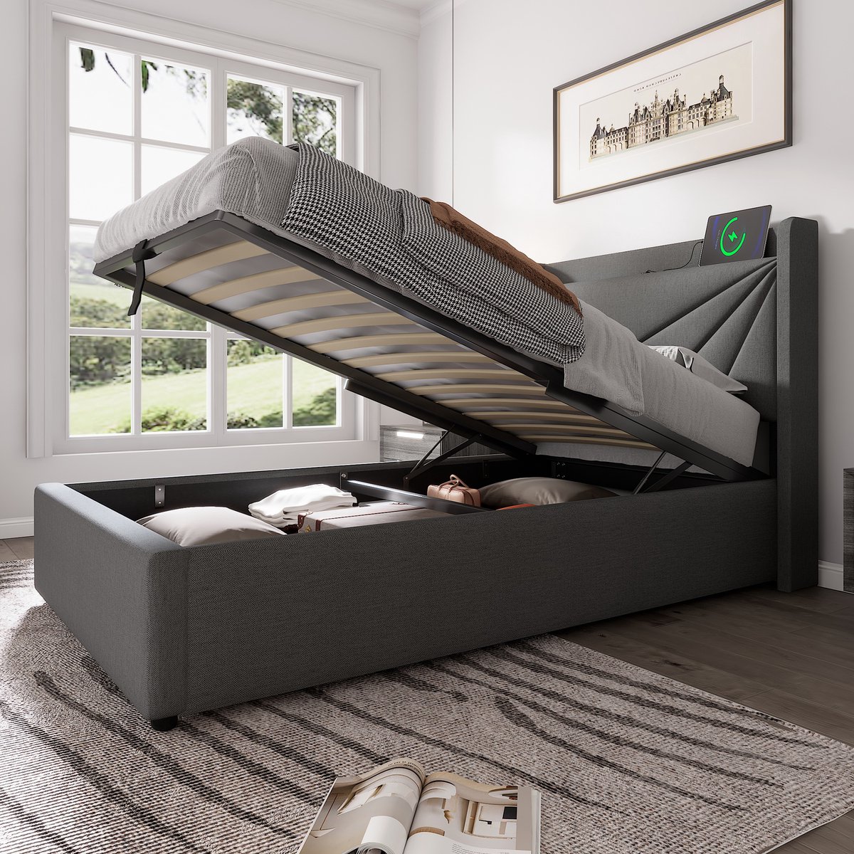REDOM Opbergbed 90x200 cm van katoen-linnen – Met USB/Type-C en hydraulisch systeem – Grijs