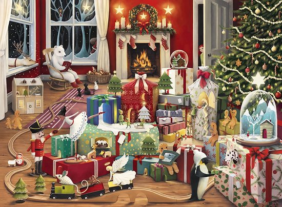 Ambiance de Noël avec un sapin, une cheminée, des cadeaux, un train jouet, un pingouin, un ours polaire, un casse-noisette et des rennes.