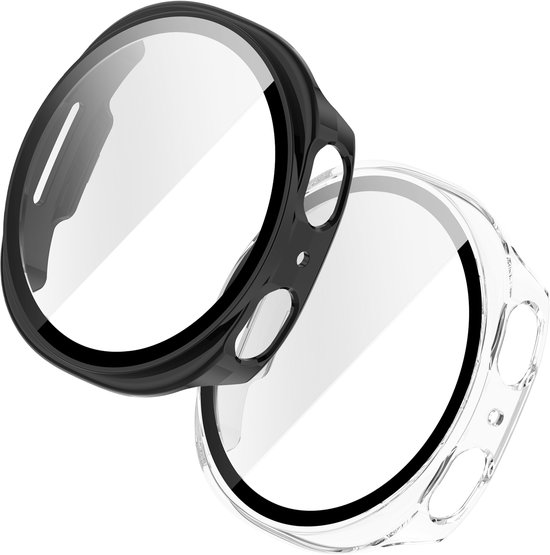 Twee smartwatch beschermhoezen, een zwarte en een transparante.