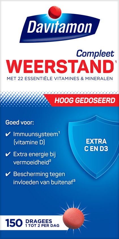 Davitamon Compleet Weerstand. Doos met blauwe en witte opdruk, 150 dragees. Goed voor immuunsysteem.