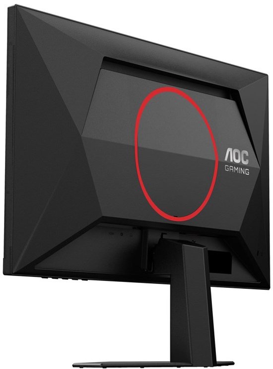 Zwarte monitor achterkant met HDMI, Display Port en koptelefoon uitgang. AOC Gaming logo.
