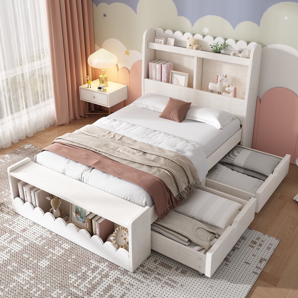 Kinderbed 90x190- Opbergbed Met Lades En Kast - Houten Lattenbodem - Wit En Eikenkleur - Zonder matras