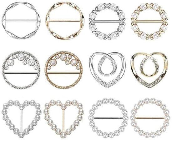 Collection de 12 clips foulard : ronds, cœur, perles et strass, en argent et or.