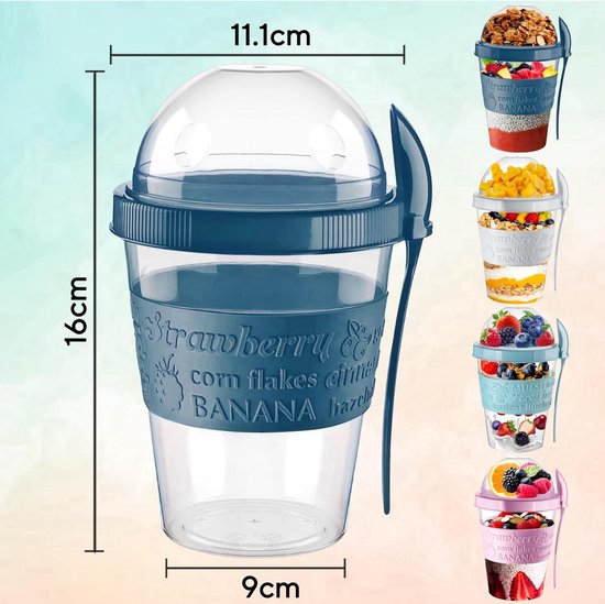 2x Grote Herbruikbare Yoghurtbekers 600ml met Deksel en Lepel - Lekvrije Opslag Ontbijt & Granen To Go — afbeelding 4