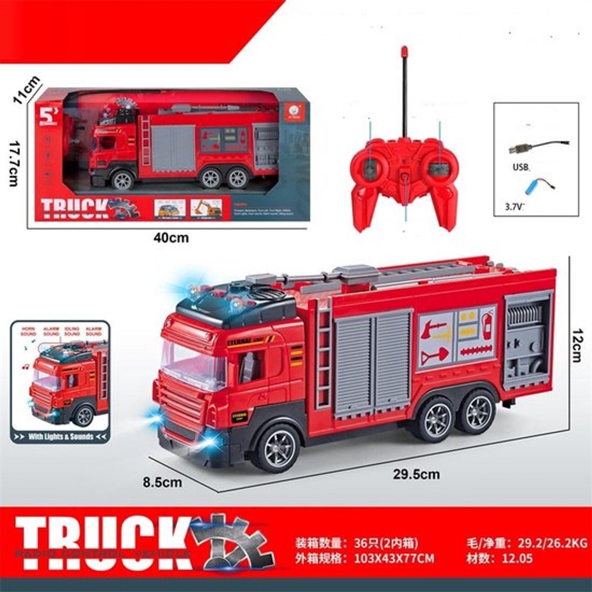 RC Brandweerwagen - Brandweer Truck - Speelgoedauto - Rood - Met licht en oplaadbare batterij - Gebruiksvriendelijk