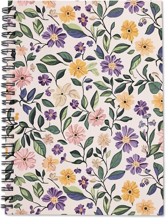 Foto: Spiraal notitieboek a5 paars bloemenpatroon dagboek gelijnd kladblok met opbergvak 80 pagina s