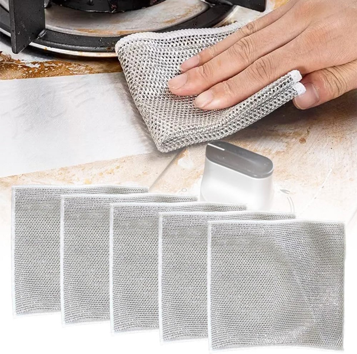 Set van 5 Herbruikbare, Niet-Krasbare Metalen Schrobdoeken voor Keukenreiniging