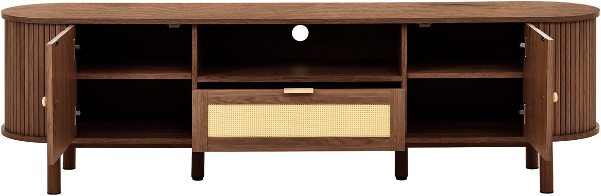 TV Meubel 175 cm - Notenhout Look & Ronde Vorm - Met Rotan Lades & Open Opbergvakken