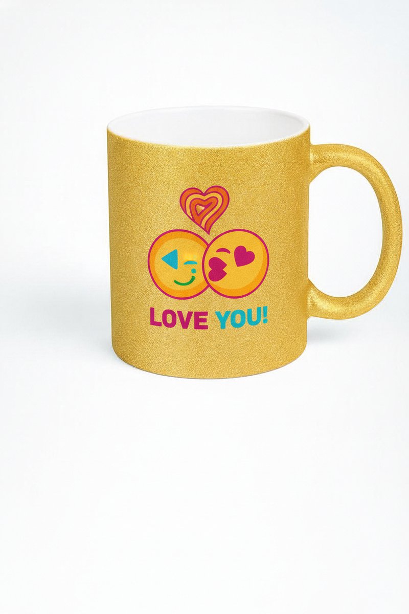 Gouden Glitter Mok Liefde Emoji's 'Love You!' - Romantisch Cadeau Beker