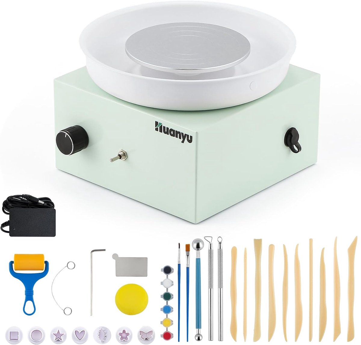 MELVRA Mini Elektrische Pottenbakkersschijf - 10cm Aardewerkwiel - 0-2000RPM - Beginners & Kinderen - Inclusief 27-delige Gereedschapsset - Groen
