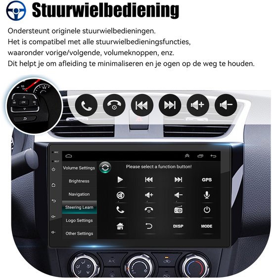 Stuurwielbediening autoradio met icoontjes voor volume, bellen en navigeren.