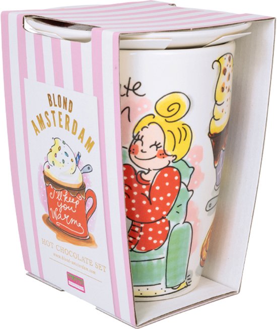 Set chocolat chaud avec tasse XL et petite assiette dans une boîte à rayures roses. Texte « I'll keep you Warm ».