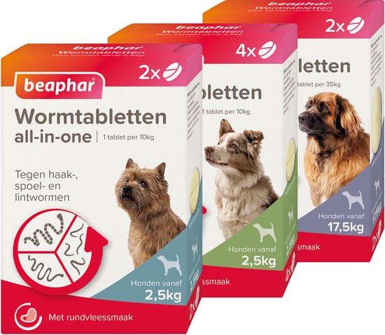 Drie dozen Beaphar wormtabletten voor honden: 2,5kg, 10kg en 17,5kg met rundermaak.
