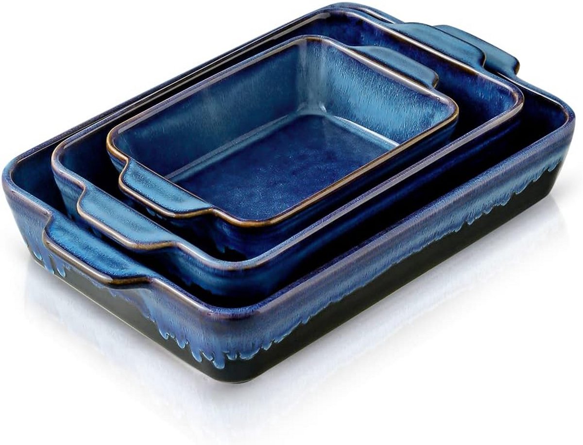 Keramische Ovenschotel Set Rechthoekig - 3 Delige Bakvormen Set voor Lasagne, Ovengerechten en Cake