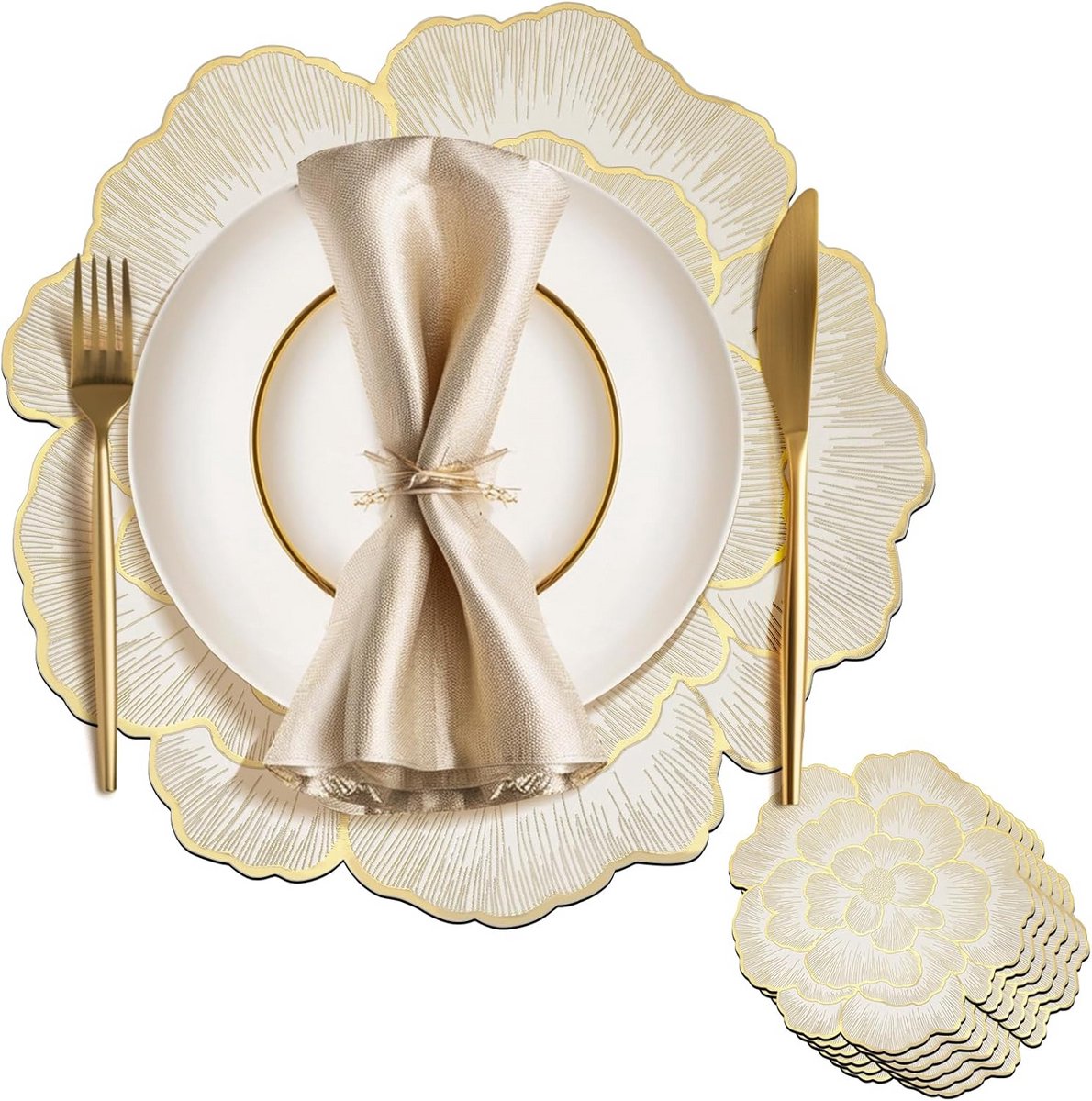 Set van 6 Ronde PVC Placemats Goud Bloemen Antislip Hittebestendig en Wasbaar - 38x38 cm
