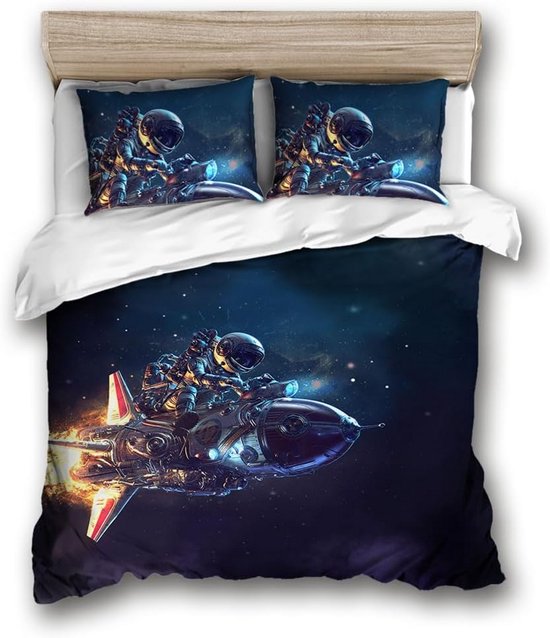 Dekbedovertrek 200x200 cm Astronaut Ruimte & Galaxy Thema - 3-Delige Set met 2 Kussenslopen